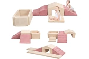 MOOZHEALTH Soft Play Climb and Crawl Activity Playset,Foam Climbing Building Blocks for Toddlers with Ball Pit - Baby Crawling & Sliding Gym Equipment Indoor Active Playing for Preschool,6 Pcs (Beige + Pink)