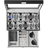 GUKA Watch Box 12 Slot Watch Display Organizer Leather Jewelry Case Drawer Glass Birthday for Men Women, Child Husband Dad