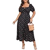 Women's Plus Size Summer Dress Short Sleeve Square Neck Milkmaid Dress Tie Front Split A-Line Maxi Long Dresses