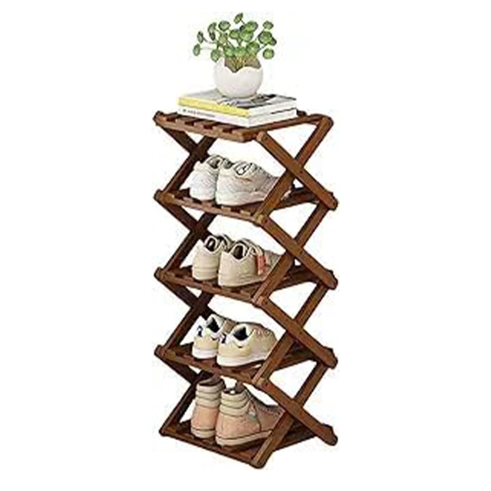 outer treasure Multi Tier Shoe Rack,Shoe Racks Storage,Narrow Shoe Rack,No Installation Foldable X Shape Shoe Racks,Multi layer Show Rack for Bathroom,Living Room Entryway (Brown-5 Tier)