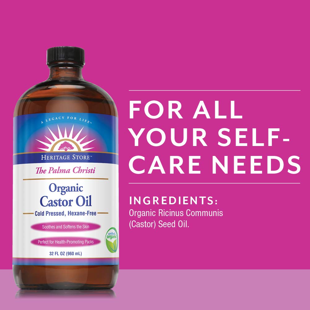 Heritage Store Organic Castor Oil, Cold Pressed | Rich Hydration for Hair & Skin, Bold Lashes & Brows, Hexane Free, 32oz : Massage Oils : Beauty