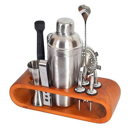 Taluka Stainless Steel Bar Set for Drink Mixing Bar Tools: Cocktail Shaker, Jigger, Strainer, Bar Mixer Spoon, Ice Tongs, Bottle Opener, Pourer, Muddler, Joint Less Wooden Stand (Plain)