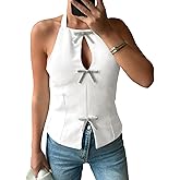Tankaneo Womens Cute Bow Halter Tank Tops Sexy Keyhole Backless Slim Fit Crop Tops Y2k Summer Sleeveless Cami Shirts