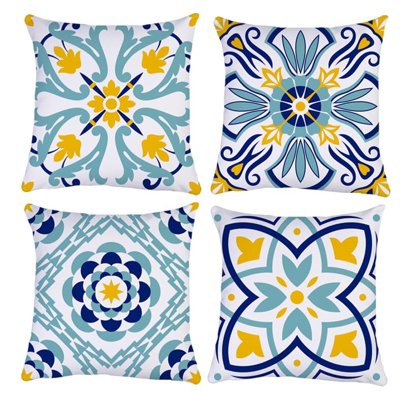 QUALKNOY Velvet Cushion Covers 45 x 45cm Pack of 4 Blue Yellow Modern Boho Mandala Floral Decorative Throw Pillow Covers 18"x18" for Sofa Living Room Outdoor Garden Home Decor Pillowcases — image 1