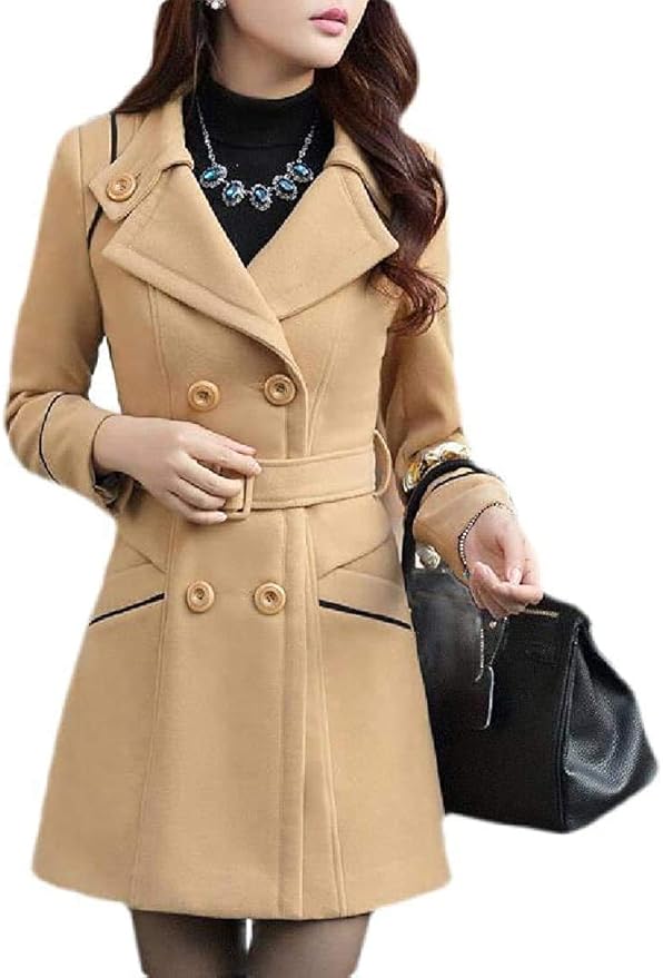 Women Double Breasted Winter Overcoat Slim Fit Lapel Long Sleeve Pea ...