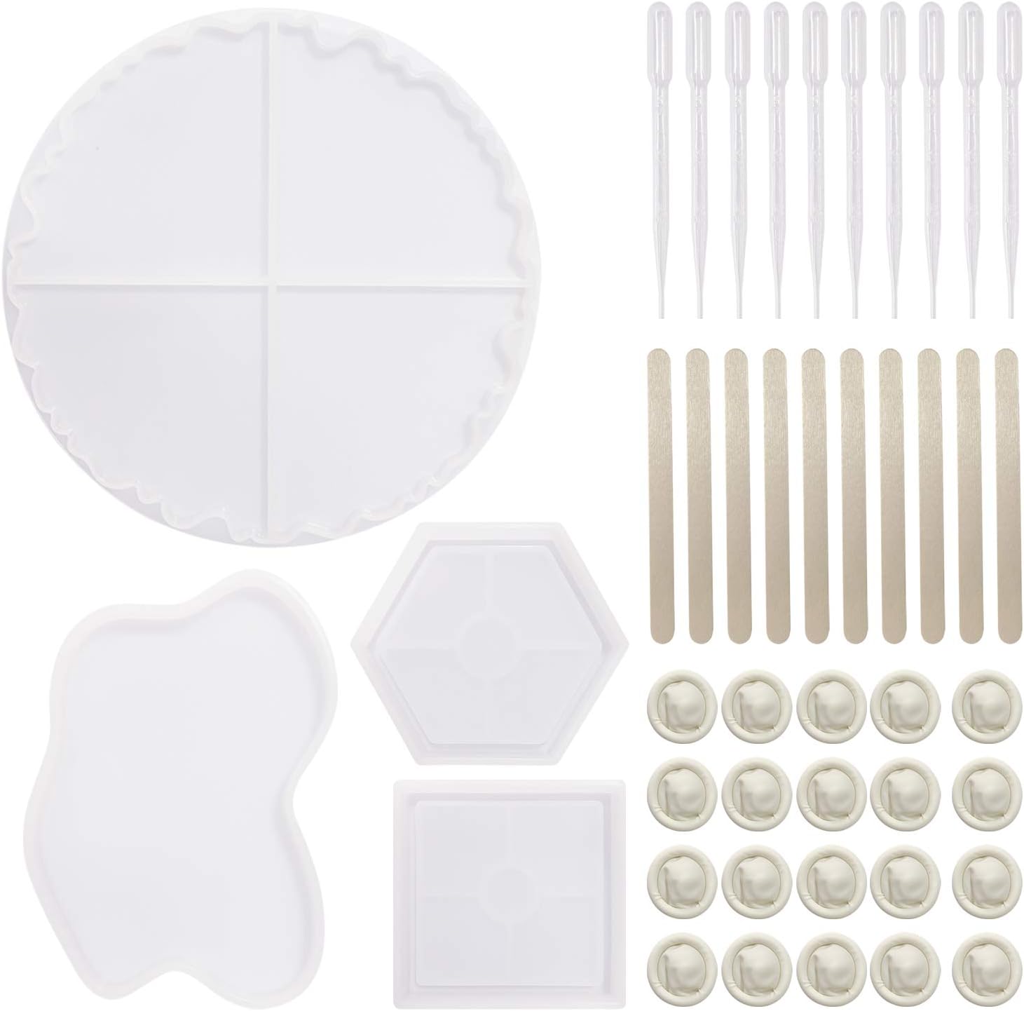 4 Pack Coaster Mould for Resin,Round,Square,Hexagon and Irregular Coaster Silicone Mould with Mixing Tool Set