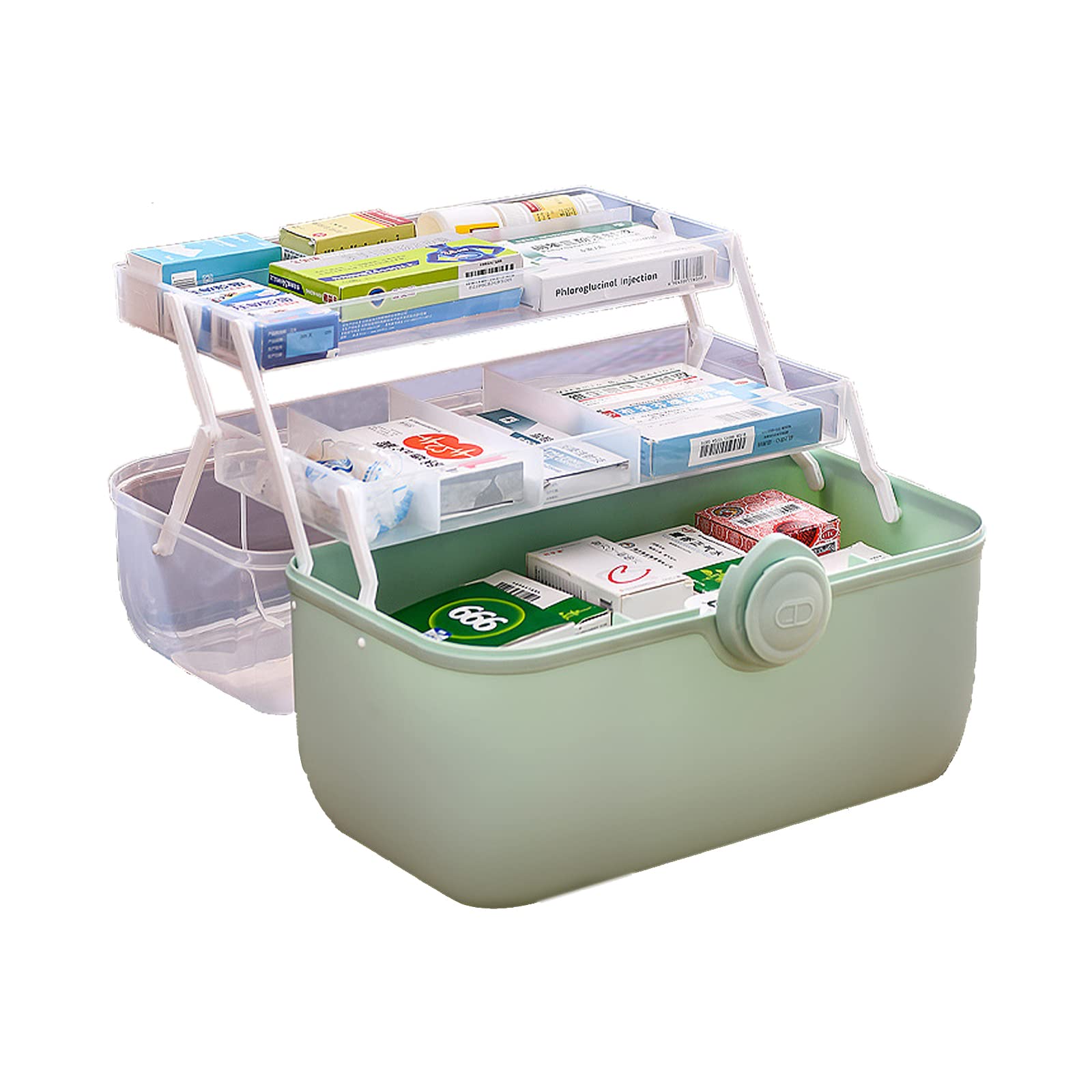Toolzia 3-Layer Medicine Storage Box with Compartments, Portable First Aid Box Empty Lockable Medication Storage Organizer, Medical Storage Cabinet For Home, Office, School (Green)