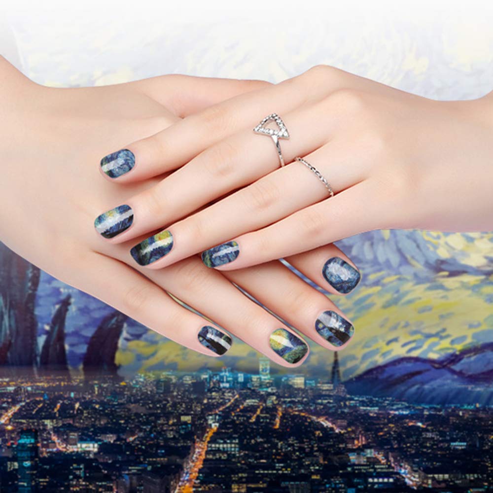 3D Van Gogh's Starry Night Fullnail Stickers, Full Nail Starry Sky Art Gel Nail Polish Sticker Decals, Shimmery Glittery, Long Lasting, Easy to Apply & Remove - 2 Sheets(28 Nail Wraps) and 1 File - Image 6