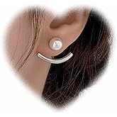 Crymystal Pearl Jacket Earrings for Women Bohemian Pearl Arc Earrings Silver Pearl Stud Earrings Arc Bar Earrings Vintage Front Back Earrings Jewelry for Girls Gifts