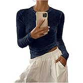 SHENHE Women's Polka Dots Sheer Mesh T Shirt Long Sleeve Round Neck Slim Fitted Streetwear Top