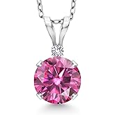 Gem Stone King 14K White Gold Pink Moissanite and White Created Sapphire Pendant Necklace for Women | 0.82 Cttw | Gemstone Birthstone | Round 6MM | With 18 Inch Silver Chain
