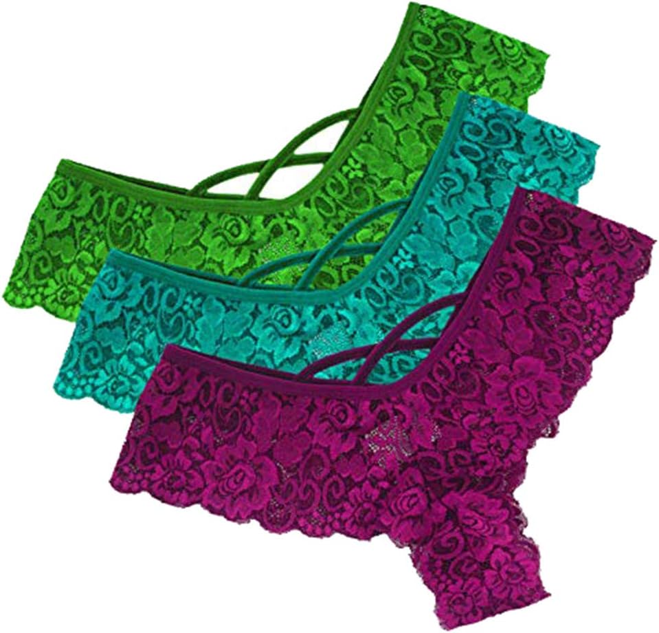 Zhucehaonan 3PC Women Sexy Lingerie Plus Size Lace Flowers Low Waist Underwear Panties G-String Thongs Temptation Briefs Knickers Underpant for Ladies