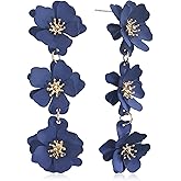 Unique Chic Long Matte Flower Dangle Earrings Cute Bohemian Tiered Triple Floral Drop Stud Earrings Ear Drop for Women Statement Jewelry Gifts Parties Prom