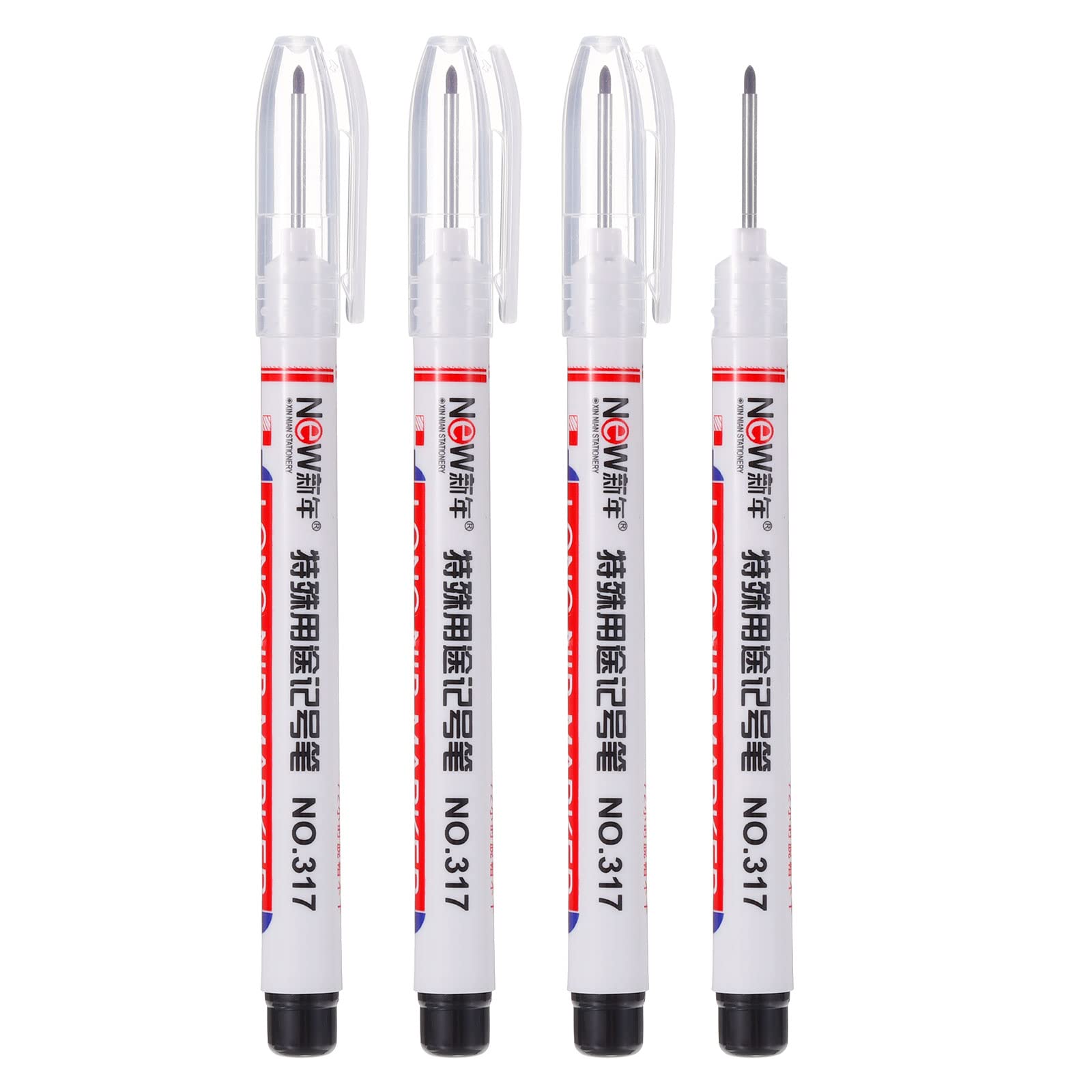 PATIKIL Deep Hole Marker Pens, 4 Pack Black Ink Deep Drill Hole Long Nose Scriber Carpenter Pen for Construction Woodworking, White