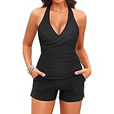Women Tankini Swimsuit with Shorts - Halter Two Piece Swimsuit with Pocket Tummy Control Bathing Suit 2025 Swimwear