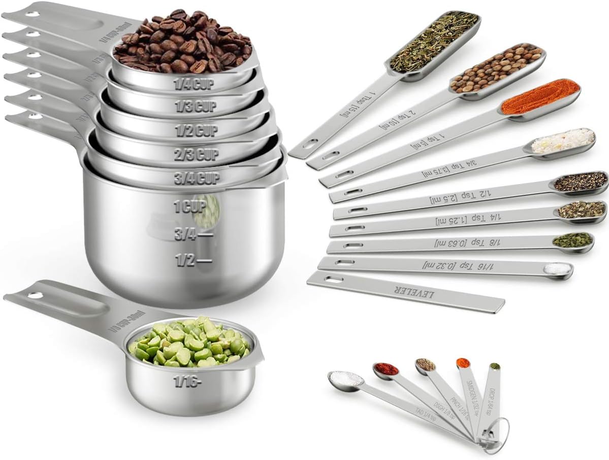 Wildone Measuring Cups & Spoons Set of 21 - Includes 7 Stainless Steel Nesting Measuring Cups, 8 Measuring Spoons, 1 Leveler & 5 Mini Measuring Spoons, Ideal for Dry and Liquid Ingredients: Kitchen & Dining