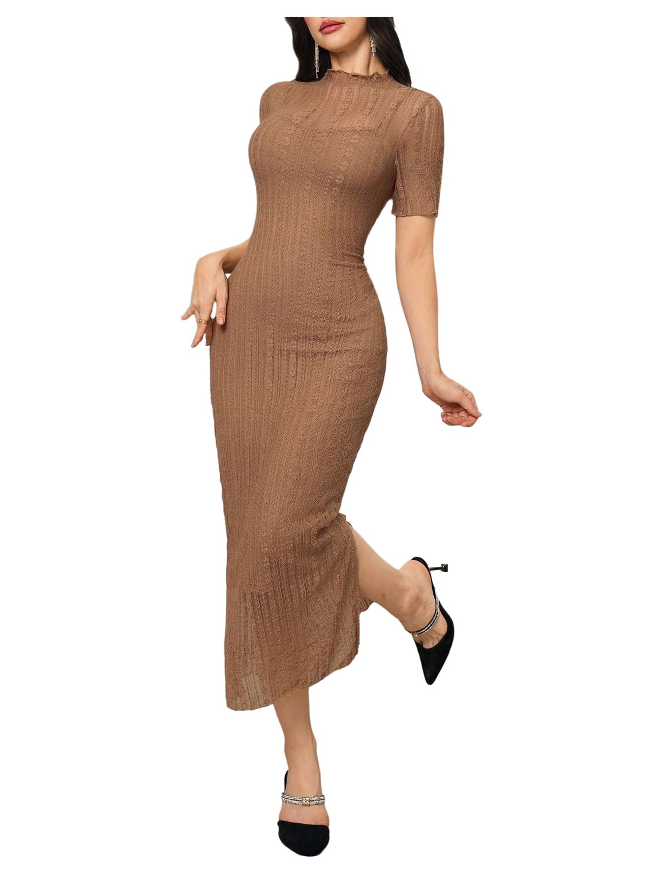 Photo 1 of Floerns Women's Contrast Lace Mock Neck Pencil Dress Mesh Short Sleeve Slit Midi Dresses Khaki Large