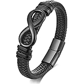 Veshon Men's Leather Infinity Bracelet Stainless Steel Number 8 Wristband Cuff Bangle Bracelets Gifts for Men, 8.3 & 9.1 inches