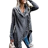 CEASIKERY Women's Tassel Hem Sweater Long Cardigan Knitwer Pullover Poncho Coat