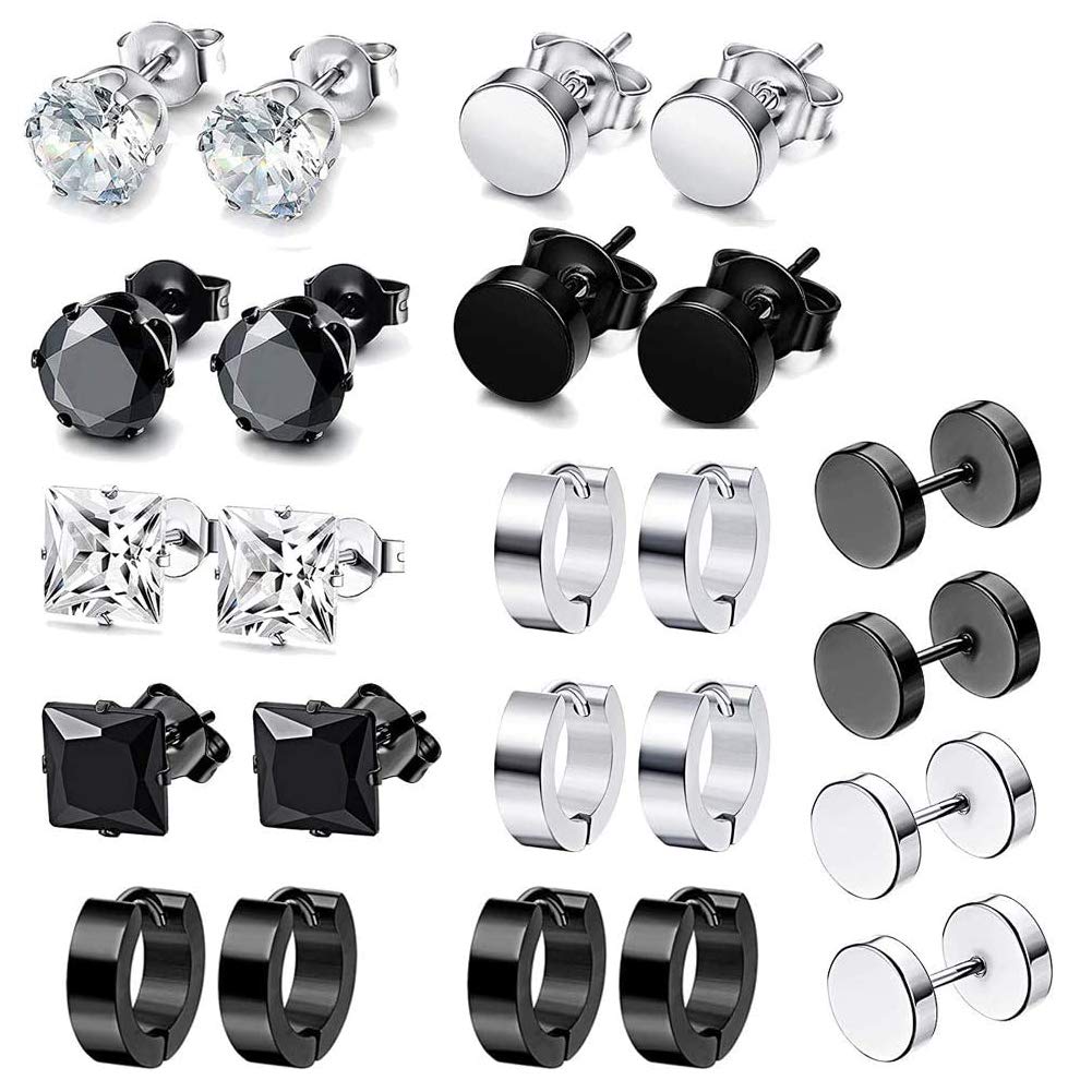 12 Pairs Men's Stainless Steel Earrings - Studs, Barbell, Ear Hoops for Men & Boys in Black