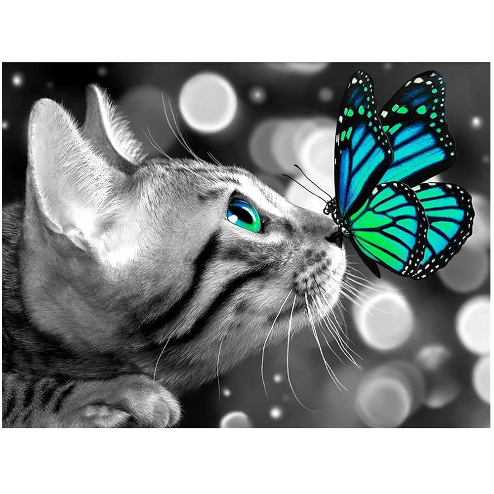 DIY Diamond Painting Pictures Mosaic Large Cat Butterfly 19x15 inches Canvas Mosaic Pictures Cross Stitch kits Painting by Numbers Beginners Adult Children Rhinestone Embroidery Arts Crafts 50x40cm