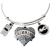 Blue Heart Swimmer Jewelry Crystal Whistle Swim Coach Charm Bracelet Expandable Silver Bangle
