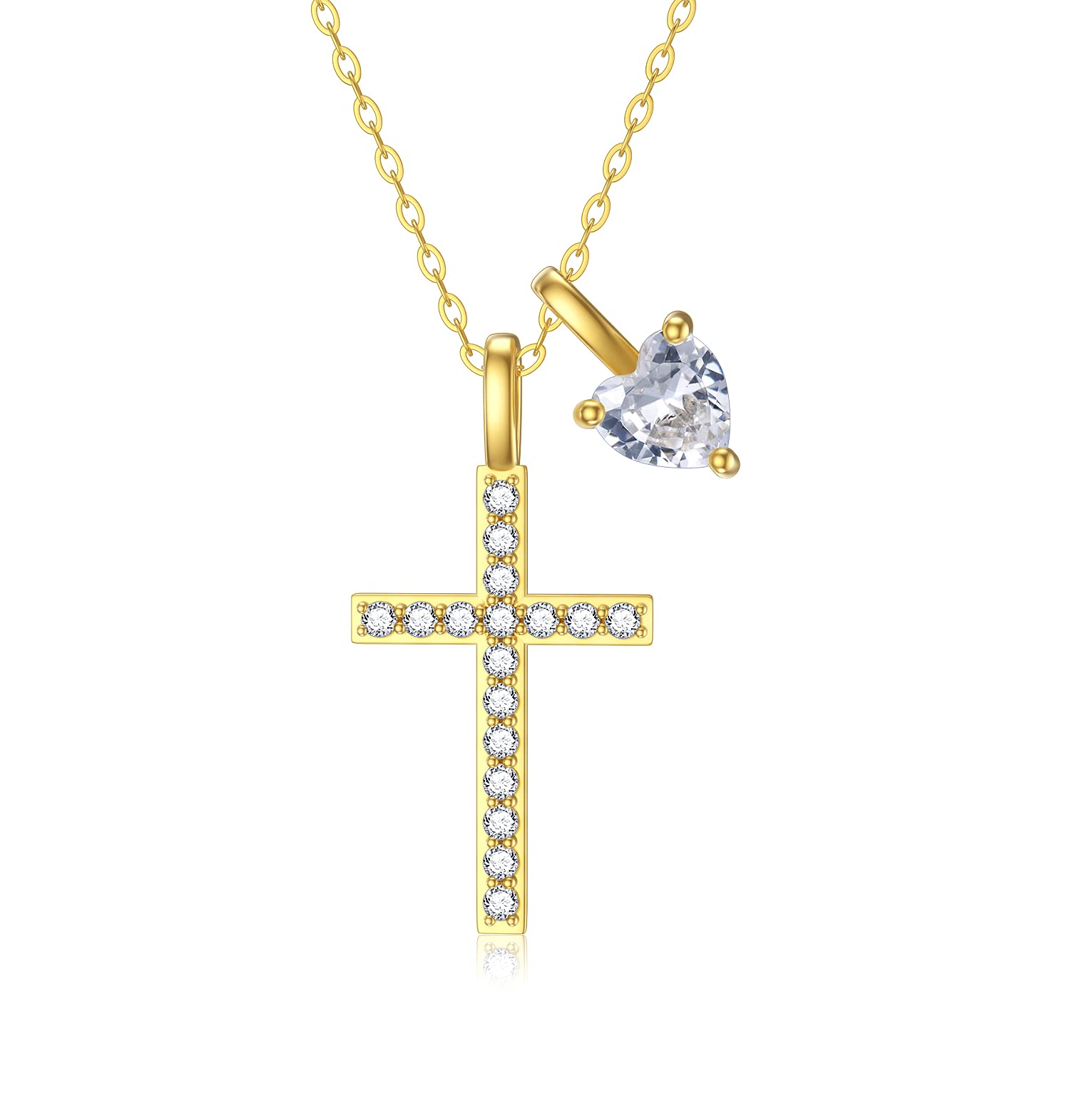 SISGEM 9 ct Gold Cross Necklace, Solid Yellow Gold Heart Charms Necklace with Cubic Zirconia, for Women Girls Ladies Mum Sisters, 16"+1"+1"