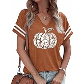 Halloween Shirts for Women V Neck Fall T Shirts Autumn Pumpkin Graphic Tee Thanksgiving Tops