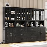VOWNER Bookcase with Glass Doors, 5-Tier Modern Bookshelf with Large Drawer, Glass Display Cabinet with Large Storage Shelf, Combination Storage Cabinet for Home Office (Black, AABB)