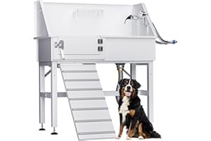 DYTREND Dog Washing Station for Home, 38" White Professional Stainless Steel Dog Grooming Tub, Height Adjustable Dog Bathing Station, Upgrade Parts, Dog Bath Tubs for Small & Medium Dogs(Left Ramp)