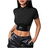 MakeMeChic Women's PU Leather Crop Top Short Sleeve Mock Neck Slim Fitted Y2k Party Going Out Tops