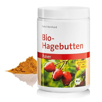 Sanct Bernhard Bio Hagebutten Pulver, kalorienreduziert, mechanische Pressung, glutenfrei, vegan, für Smoothies, Shakes, Müsl