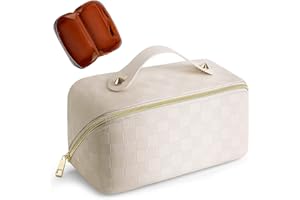 CESSFLE Large Capacity Travel Cosmetic Bag Plaid Checkered Makeup Bag Portable Leather Waterproof Skincare Bag with Handle and Divider for Women