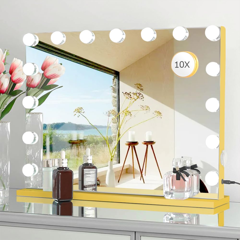 LilyHome 22.8"x 18.1" Vanity Mirror Makeup Mirror with Lights,10X Large Hollywood Lighted Vanity Mirror with 15 Dimmable LED Bulbs,3 Color Modes,Touch Control for Bedroom,Tabletop or Wall-Mounted Image