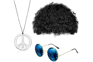 sanderala Hippie Costume Set Funky Afro Wig Sunglasses Peace Sign Necklace for 50/60/70s Theme Party