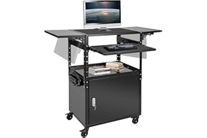 Outafurnia Upgraded Steel AV Cart – Adjustable Height, Locking Cabinet & Pullout Keyboard Tray – Rolling Media Cart with Powe