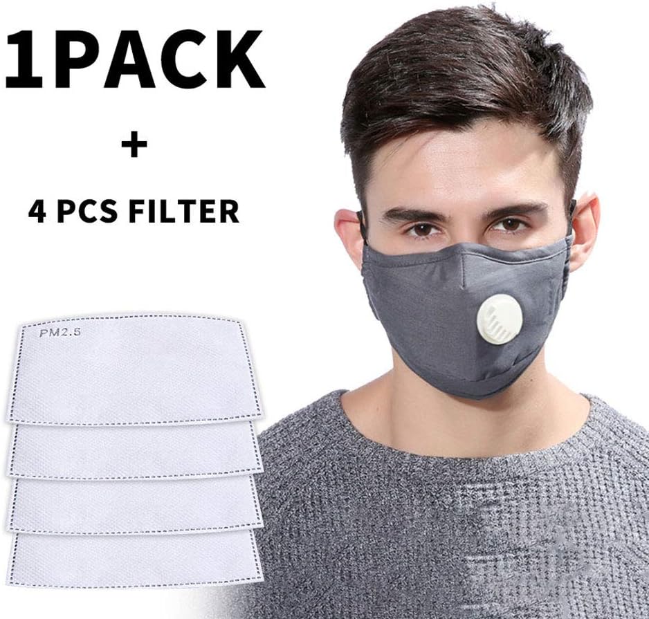 Bangni Reusable Face Mássk with Filters Breather Valve for Adults w/4Replacement Filters,Dustproof 口罩 Windproof PM2.5 Cotton Masque Mouth Protection for Germs Virüs Coronávirùs Flü (gray)