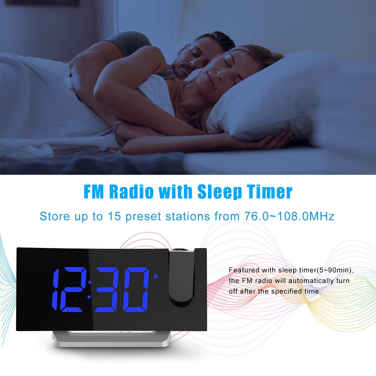 TOPELEK Projection Alarm Clock, 7'' CurvedScreen FM Radio Alarm Clock
