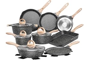 JEETEE Pots and Pans Set, Nonstick Kitchen Cookware Sets, Induction Granite Cooking Pot Set w/Frying Pan, Saucepan, Sauté Pan