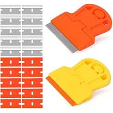 DEPOTA 2 Pack Razor Blade Scraper Plastic Razor Blade Scraper Scraper Tool with Extra 10 Plastic Razor Blades and 10 Metal Blades for Adhesive Remover Removing Labels Stickers Taping on Glass Windows
