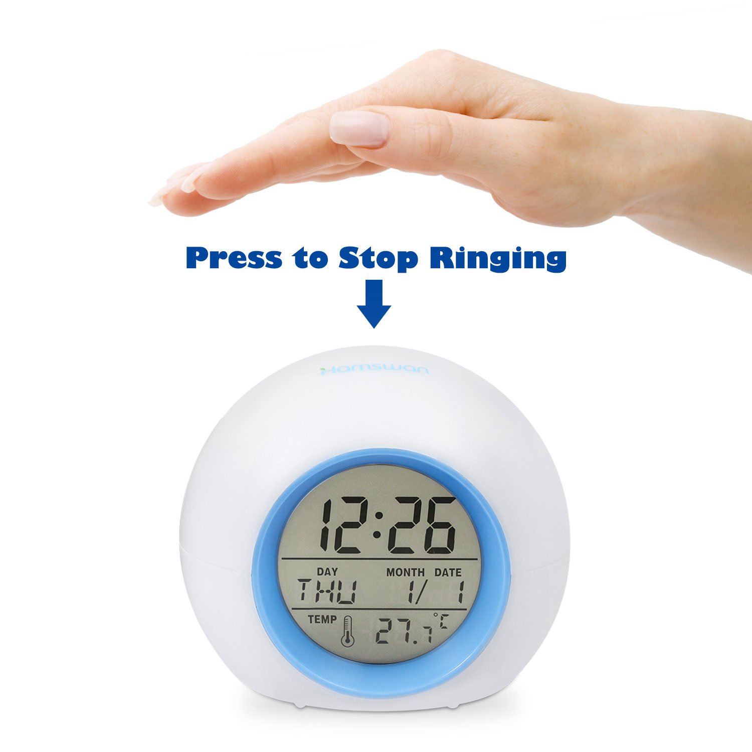 [Kids Gifts] HAMSWAN 7 Colors Changing Alarm Clock Nature Sounds One Tap Control Sleep-Friendly with Indoor Temperature Display for Working Parents, Students etc (Light Blue)