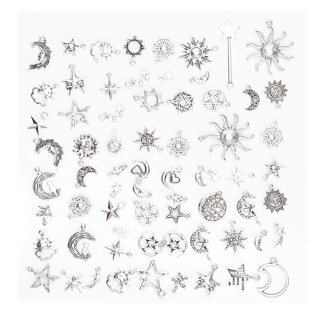 Cikonielf 70pcs Silver Plated Mixed Charms Sun Moon Stars Charms DIY Necklace Bracelet Pendants Jewelry Findings Making Accessory