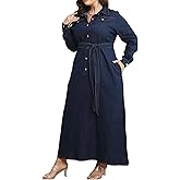Sexyshine Women's Long Sleeve Full Button Closure Denim Dress Lapel V Neck A Line Plus Size Fall Jeans Maxi Dresses