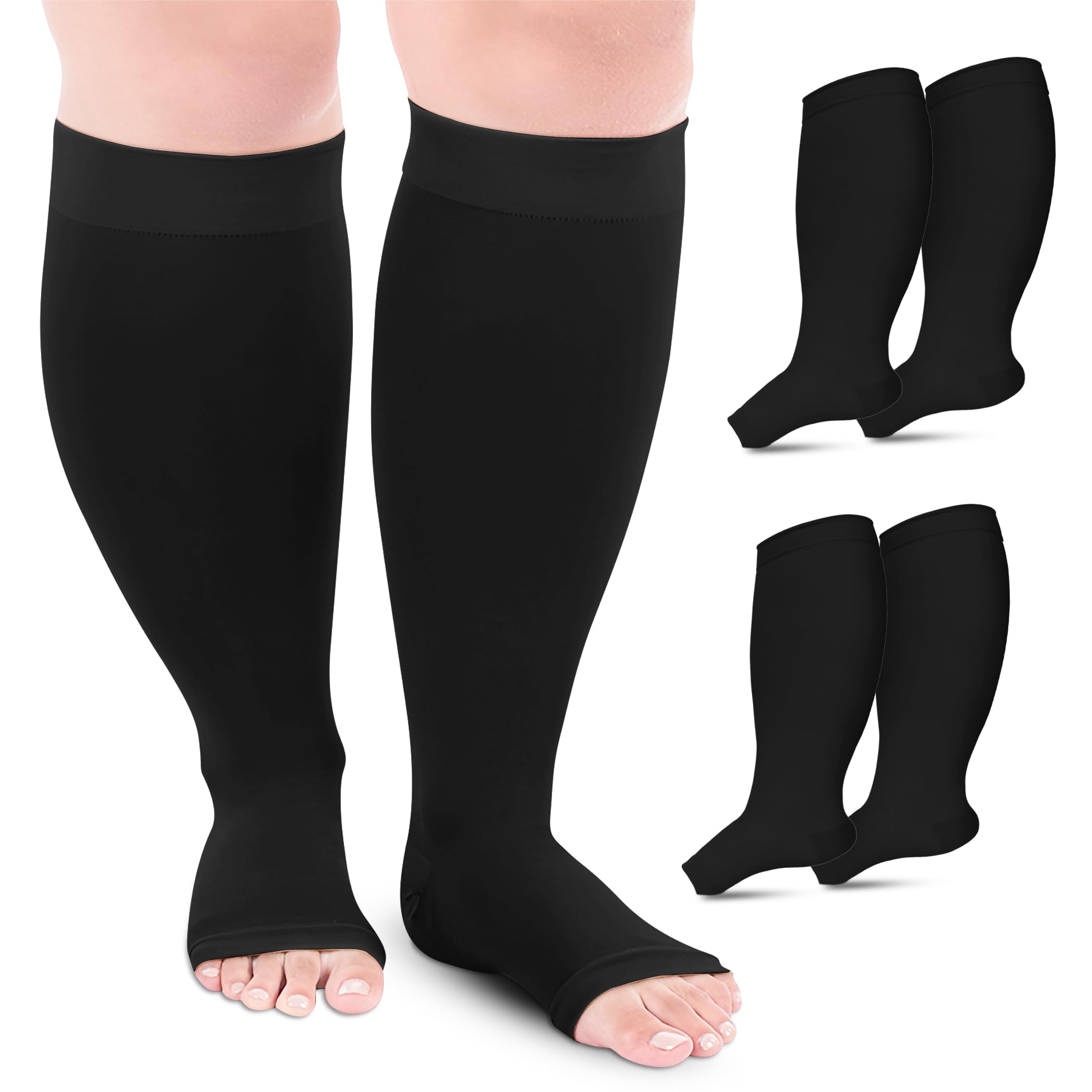 Compression Socks, Flight Socks for Women and Men. (2 Pairs) Plus Size, Wide Calf, Medical Compression Stockings. Knee High with Open Toe. Excellent Support, Helps with Varicose Veins. (Black, 3XL)