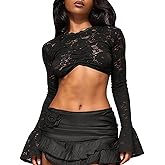 Women's Black Floral Lace Crop Top Mesh See Through Long Sleeve Blouses Sexy Sheer Shirt Cut Y2K with Trumpet Cuff