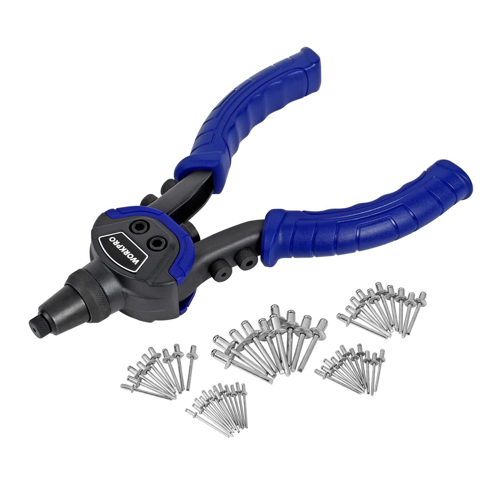 WORKPRO Rivet Gun Set 5-in-1, 250 mm Pop Riveter with 5 Sizes Interchangeable Nozzle 2.4 mm 3.2 mm, 4 mm,4.8 mm, 6.4 mm, Heavy Duty Hand Riveter with 100-Piece Rivets