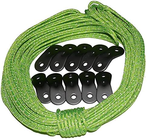 Tent Tools Guyline Adjuster Kit - 50ft Reflective Tent Rope with 10 Aluminum Tensioners (Green Rope Kit, 50)