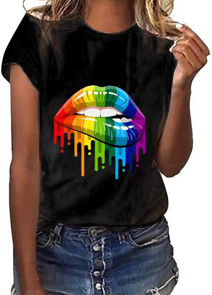 Women's Lips Print Short Sleeve o neck T-Shirt