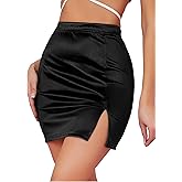LYANER Women's Satin Silky Elastic Wasit Split Slit Hem Bodycon Short Skirt