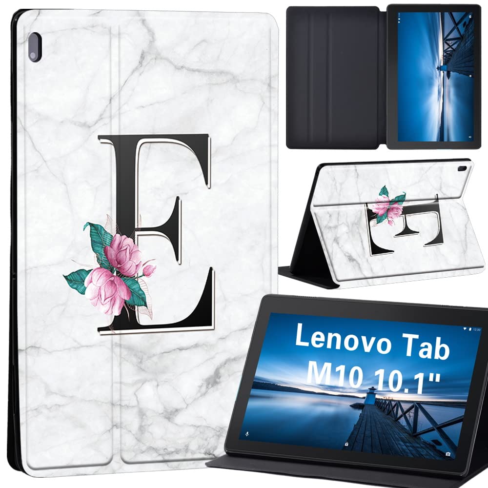 Case for Lenovo Tab M10 TB-X605F/ TB-X605L/ TB-X505F/ TB-X505L - Leather Stand Cover Case for Lenovo Tab M10 10.1-Inch Tablet (letter E on white marble)